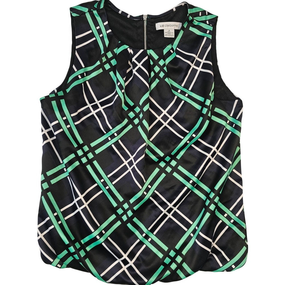 Liz Claiborne Womens Sleeveless Plaid Blouse Green Black White Size S